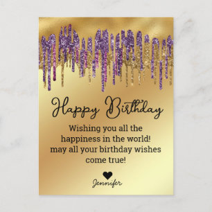 Carte Postale joyeux anniversaire violet or qui dégouline paille