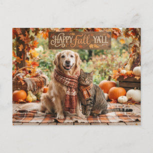 Carte Postale Joyeux Automne à Tous Chien Retriever doré et Chat