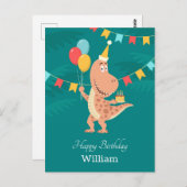 Carte postale Joyeux Balloon Cute Dinosaur au gâte (Devant / Derrière)