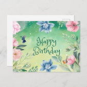 Carte Postale Joyeux Bleu d'anniversaire, Fleurs d'aquarelle ros (Devant / Derrière)