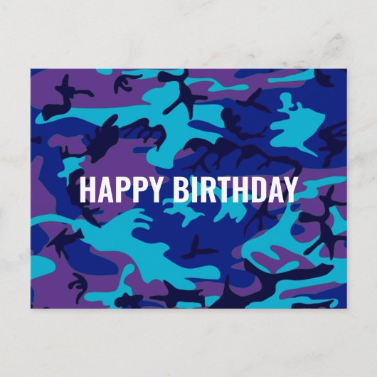Carte Postale Joyeux Camouflage d'anniversaire bleu foncé et vio (Devant)