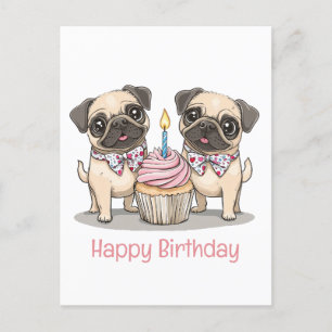 Carte Postale Joyeux Carlin d'anniversaire Chiens Cupcake