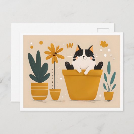 Carte Postale Joyeux chat assis dans un pot à fleurs, Scandinave (Devant / Derrière)