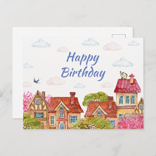 Carte Postale Joyeux Chat d'Anniversaire sur le toit (Devant / Derrière)