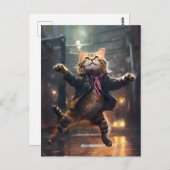 Carte Postale Joyeux Chat Dansant Dans La Pluie (Devant / Derrière)