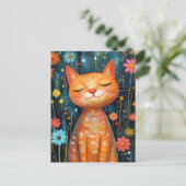 Carte Postale Joyeux Chat Orange Fleurs Whimsical (Debout devant)