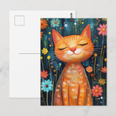 Carte Postale Joyeux Chat Orange Fleurs Whimsical (Devant / Derrière)