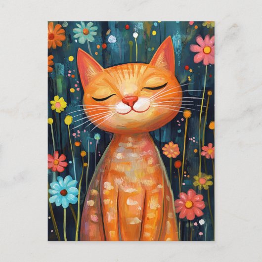 Carte Postale Joyeux Chat Orange Fleurs Whimsical (Devant)