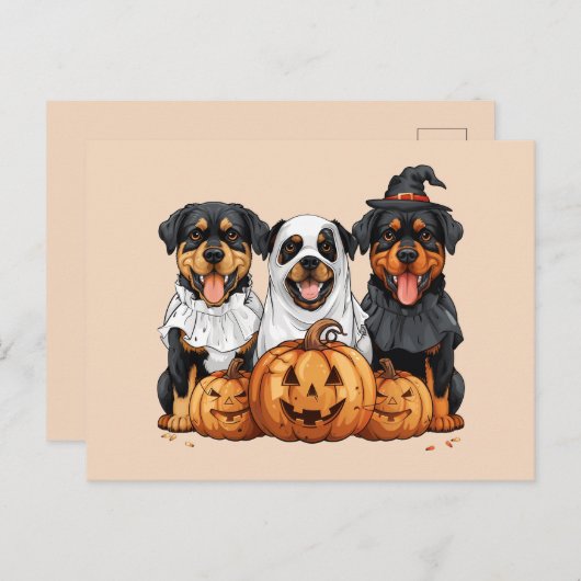 Carte Postale Joyeux chien Rottweiler Halloween Jack-o'-lantern (Devant / Derrière)