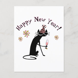 Carte Postale Joyeux Citation de vin du Nouvel An avec chat