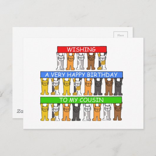 Carte Postale Joyeux Cousin Cartoon Cats d'anniversaire (Devant / Derrière)