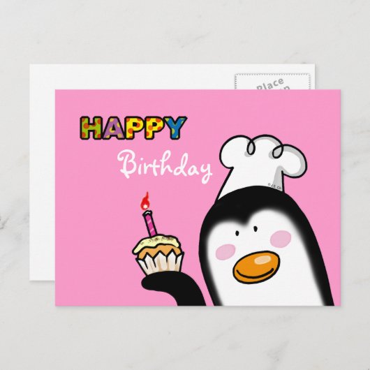 Carte Postale Joyeux cupcake de pingouin d'anniversaire (Devant / Derrière)