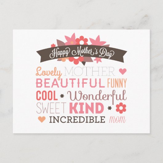 Carte Postale Joyeux dessin typographique de la fête des mères (Devant)