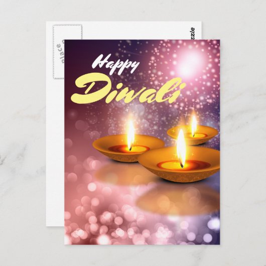 Carte Postale Joyeux Diwali Lampes feux d'artifice arrière - pla (Devant / Derrière)