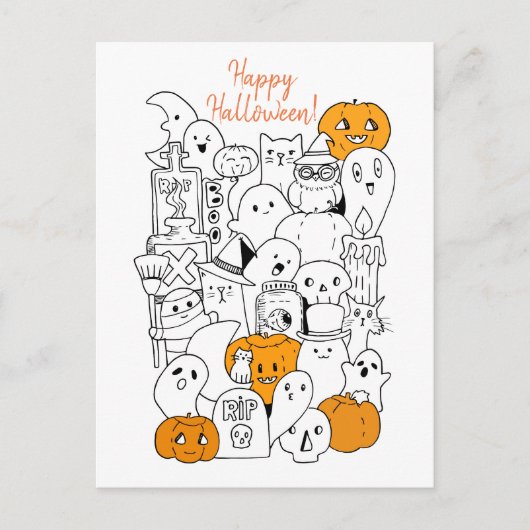 Carte Postale Joyeux Doodle d'Halloween Kawaii (Devant)