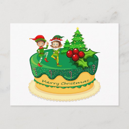 Carte Postale Joyeux elfes verts de Noël dansant sur un gâteau (Devant)