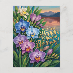 Carte Postale Joyeux et Bénit Anniversaire Orchidée Message