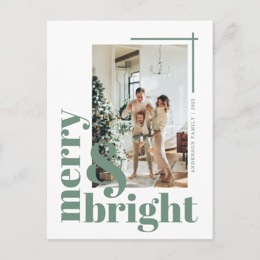 Carte Postale Joyeux et lumineux Simple Photo Sage vert Noël (Devant)