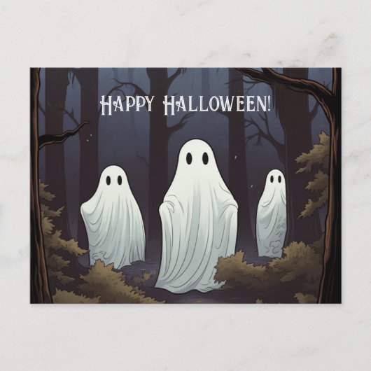 Carte Postale Joyeux fantômes d'Halloween dans une forêt (Devant)