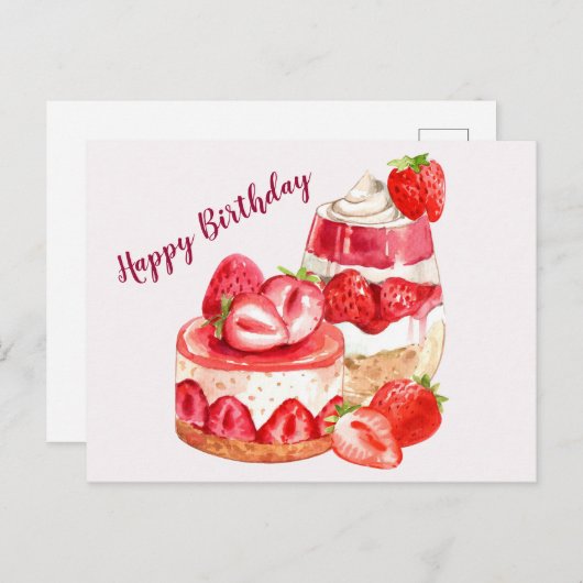 Carte Postale Joyeux gâteau aux fraises et crème glacée d'annive (Devant / Derrière)