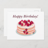 Carte Postale Joyeux gâteau aux fraises et fleurs d'anniversaire (Devant / Derrière)