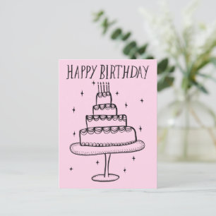 Carte Postale Joyeux gâteau d'anniversaire Whimsical Sketch Dood