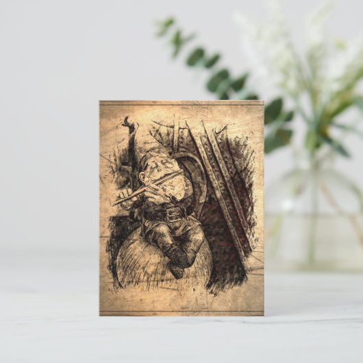 Carte Postale Joyeux Gnome assis sur un champignon jouant d'une (Debout devant)