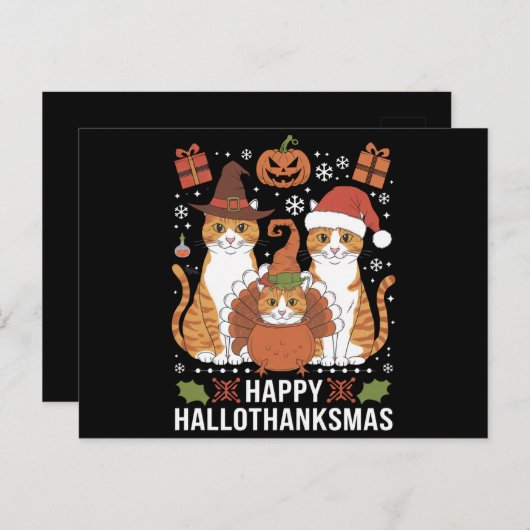 Carte Postale Joyeux Hallothanksmas Chats Halloween Noël (Devant / Derrière)