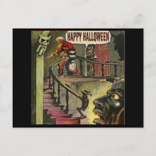 Carte Postale Joyeux Halloween avec maison hantée et fantôme