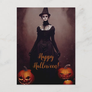 Carte Postale Joyeux Halloween avec une sorcière en robe gothiqu