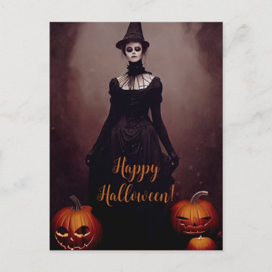 Carte Postale Joyeux Halloween avec une sorcière en robe gothiqu (Devant)