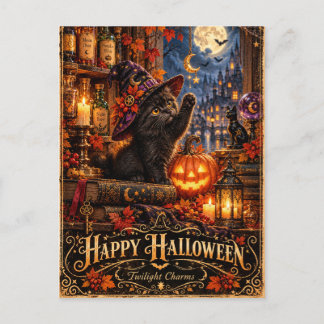 Carte Postale Joyeux Halloween – Chat noir magique