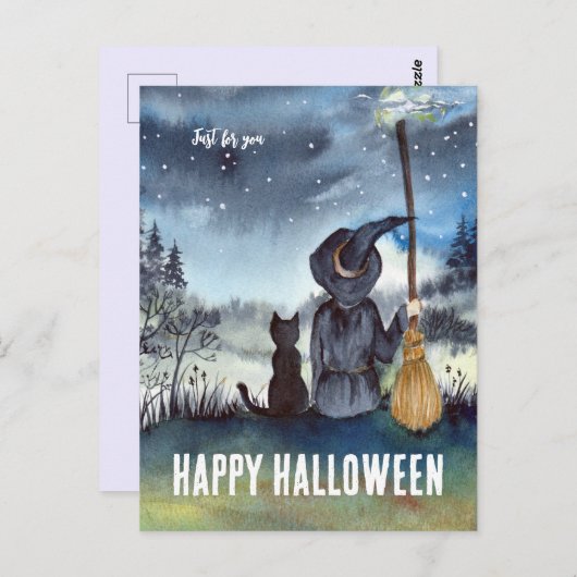 Carte Postale Joyeux Halloween Chat Noir Sorcière (Devant / Derrière)
