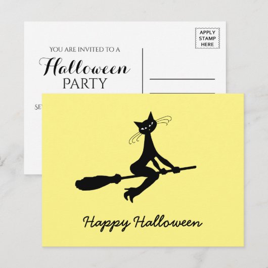 Carte Postale Joyeux Halloween, Chat Sur Invitation Broomstick (Devant / Derrière)