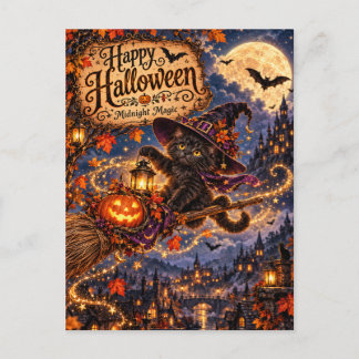 Carte Postale Joyeux Halloween – Chatte sorcière magique