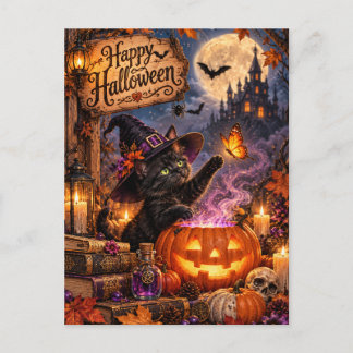 Carte Postale Joyeux Halloween – Chatte sorcière noire avec citr