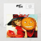 Carte Postale Joyeux Halloween de la sorcière en rouge (Devant / Derrière)