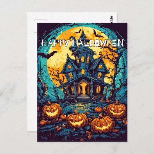 Carte Postale Joyeux Halloween | Maison ancienne hantée (Devant / Derrière)