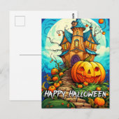 Carte Postale Joyeux Halloween | Maison Citrouille et hantée (Devant / Derrière)