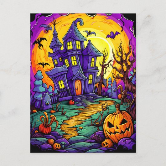 Carte Postale Joyeux Halloween | Maison hantée (Devant)