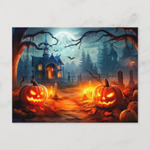 Carte Postale Joyeux Halloween Maison Hantée Sinistre & Citrouil