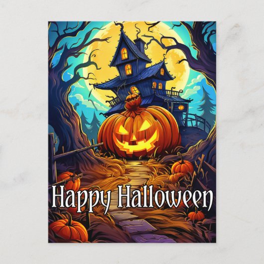 Carte Postale Joyeux Halloween | Mignonne Maison Hantée (Devant)