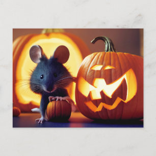 Carte Postale Joyeux Halloween. Petite souris mignonne avec citr