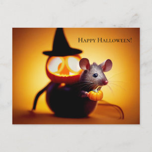 Carte Postale Joyeux Halloween. Petite souris mignonne avec citr