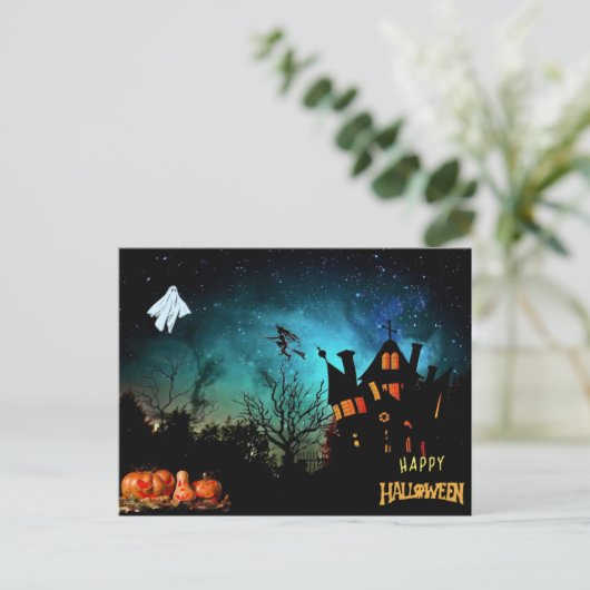 Carte Postale Joyeux Halloween Scary Witch, fantôme et Citrouill (Debout devant)