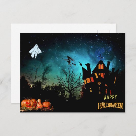 Carte Postale Joyeux Halloween Scary Witch, fantôme et Citrouill (Devant / Derrière)