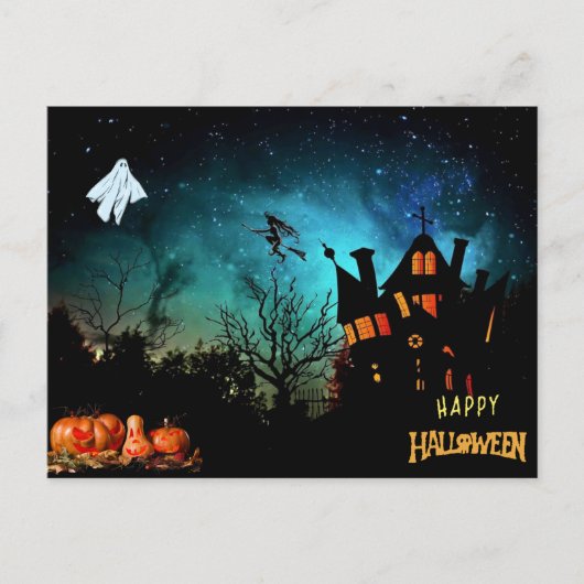 Carte Postale Joyeux Halloween Scary Witch, fantôme et Citrouill (Devant)