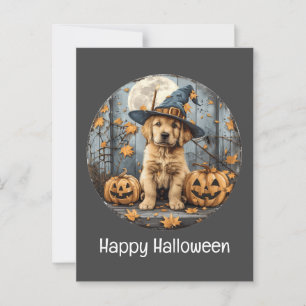 Carte Postale Joyeux Halloween sorcier Golden Retriever Citrouil