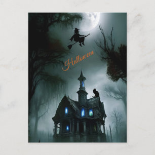 Carte Postale Joyeux Halloween Sorcière Effrayante Maison Hantée