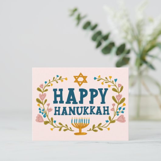 Carte Postale Joyeux Hanoukka Couronne de fleurs Menorah Texte p (Debout devant)